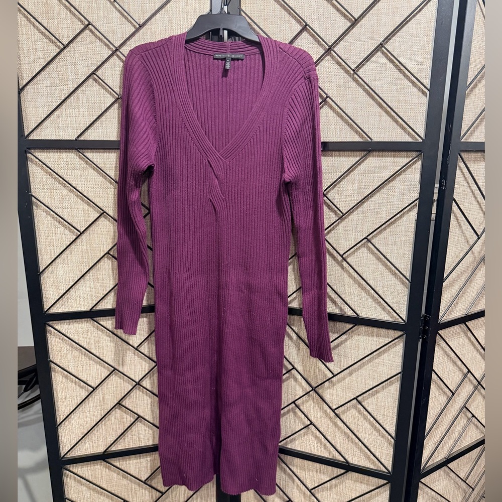 WHBM Purple V-neck Ribbed Long Sleeve Sheath Midi Dress - XL